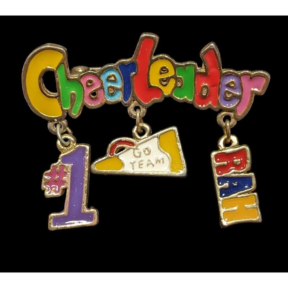 Vintage Rainbow Cheerleader Dangling Charm Brooch Signed DM